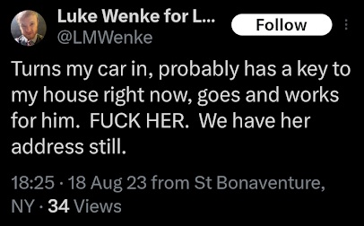 luke wenke threatening to dox stalking victim katie august 2023