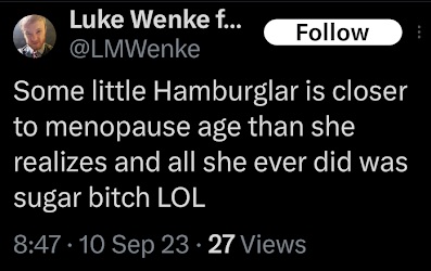luke wenke taunting stalking victim katie hamburglar red hair mockery x/twitter screenshot September 2023