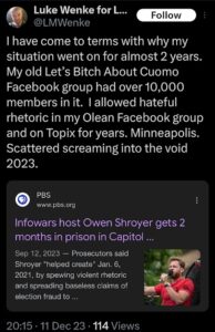 screenshot of an x/twitter post by luke wenke feigning remorse and pretending to be sorry december 2025