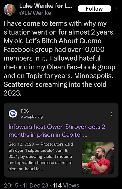 screenshot of an x/twitter post by luke wenke feigning remorse and pretending to be sorry december 2025