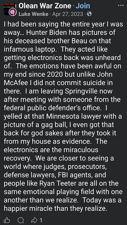 screenshot of a luke wenke facebook post about getting his ball gag back from the fbi april 2023