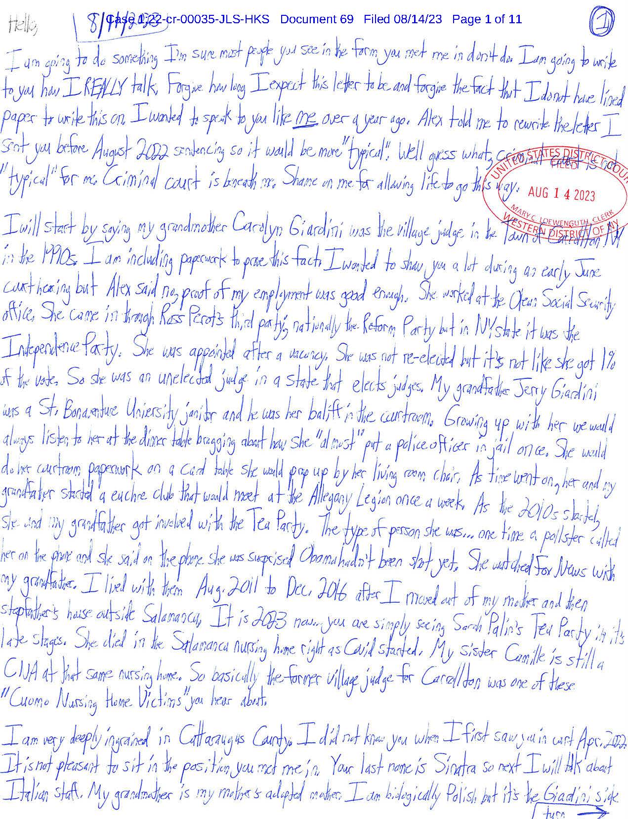 Luke Wenke begins a lengthy handwritten letter to Judge John Sinatra by discussing how he “REALLY” talks and describing his late grandmother, former village judge Carolyn Giardini.
