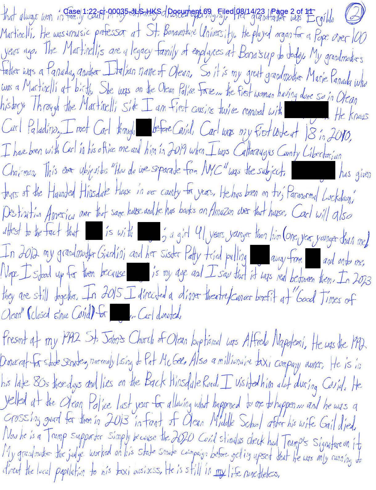 Page two of Luke Wenke’s August 2023 letter discussing Carl Paladino, Paul Kenyon, Carolyn Giardini, and political connections in Western New York
