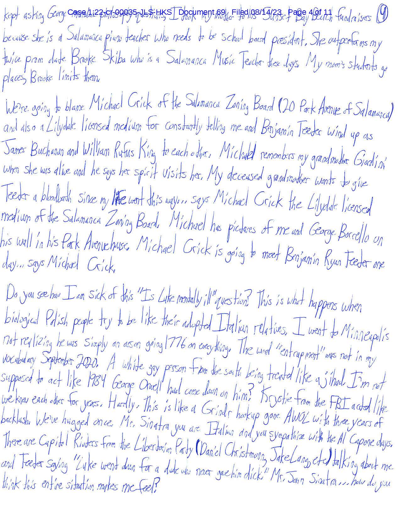 Page four of Luke Wenke’s August 2023 letter discussing Benjamin Ryan Teeter, Michael Crick, George Borrello, and his federal case