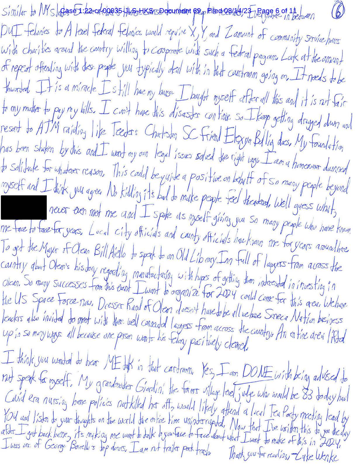 Page six of Luke Wenke’s August 2023 letter mentioning Ryan Garry, his house, Olean Mayor Bill Aiello, and plans for community programs