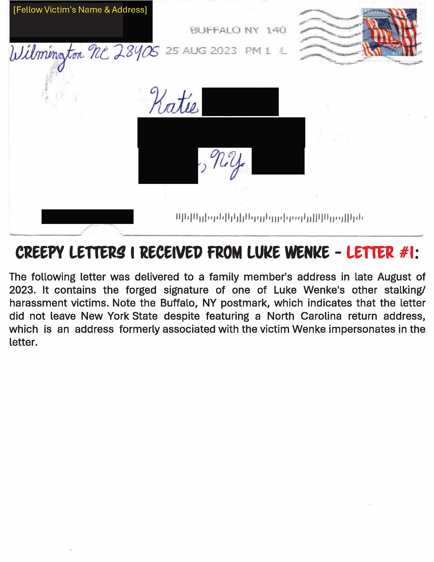 Envelope from a 2023 letter sent by Luke Wenke to a stalking victim’s family member, featuring a North Carolina return address and redacted recipient details.
