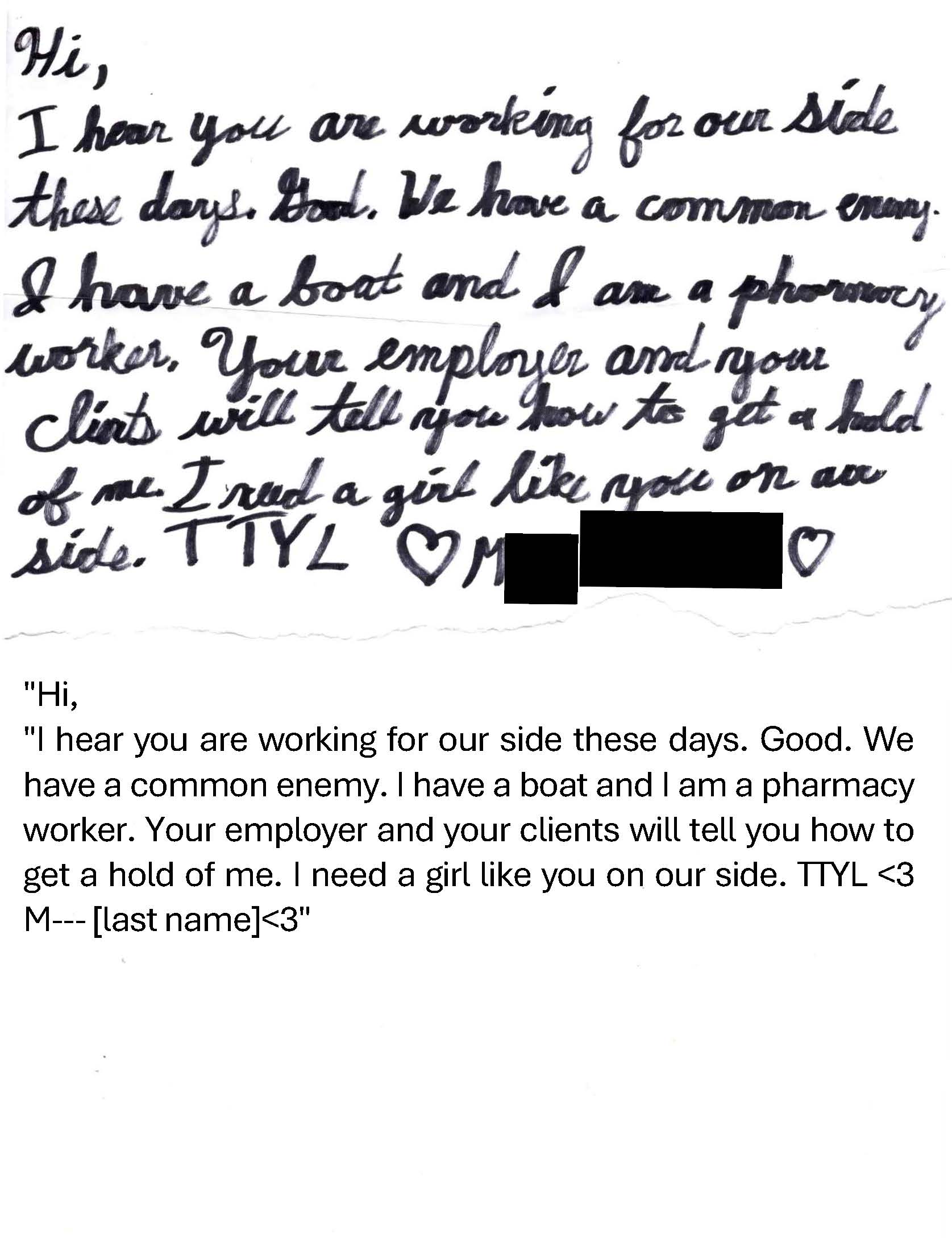 Page 2 of a 2023 letter from Luke Wenke allegedly impersonating another stalking victim while contacting a victim’s family member.