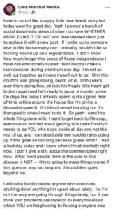 screenshots of a luke wenke self-pitying incel rant during covid