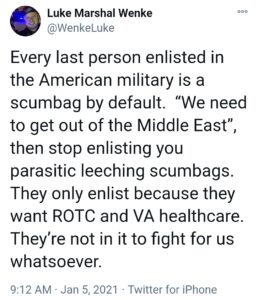 screenshot of a 2020 luke wenke x/twitter post calling us military veterans "scumbags"