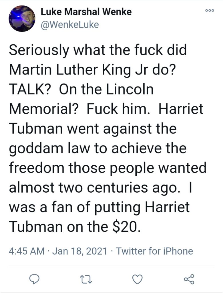 screenshot of a racist x/twitter post by luke wenke insulting martin luther king jr. 2021