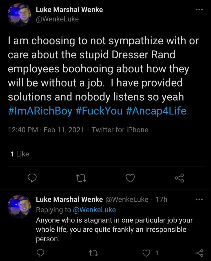 screenshot of an x/twitter post by luke wenke mocking dresser-rand employees in olean, new york for losing their jobs; february 2021.
