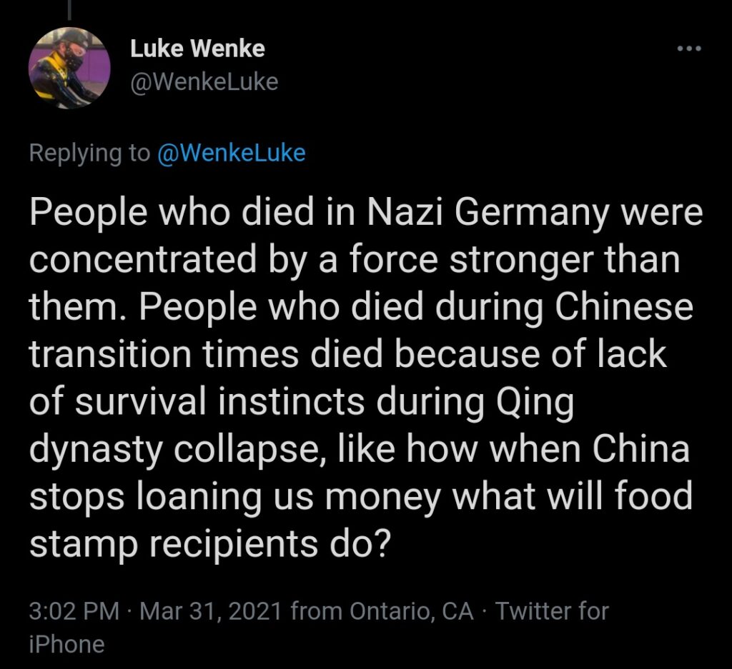 screenshot of an x/twitter post by luke wenke mocking nazi victims as weak march 2021