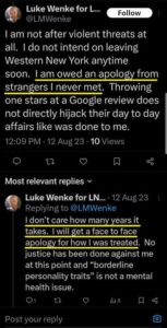 luke wenke x twitter screenshot demands self-pity owed