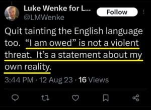 luke wenke x twitter screenshot demands incel 2023