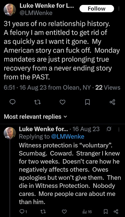 screenshot of luke wenke acting like an incel and bitching about being single