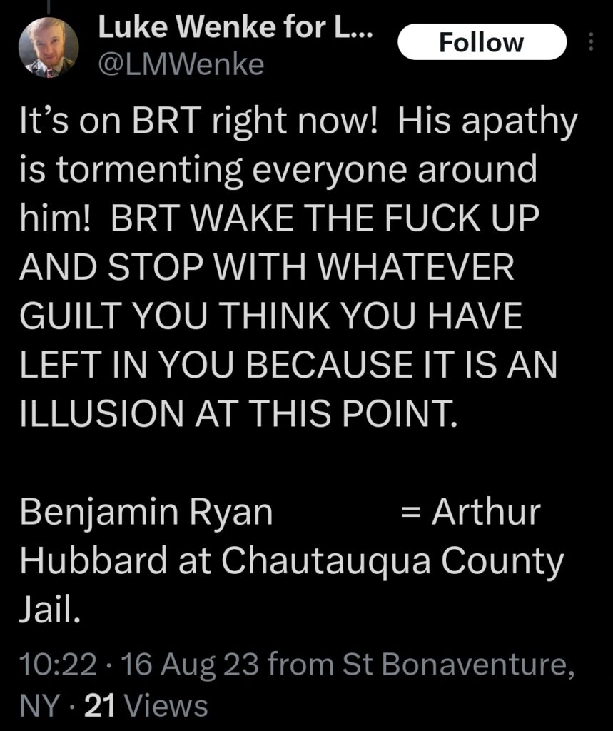 luke wenke x twitter screenshot ryan benjamin teeter obsession 2023
