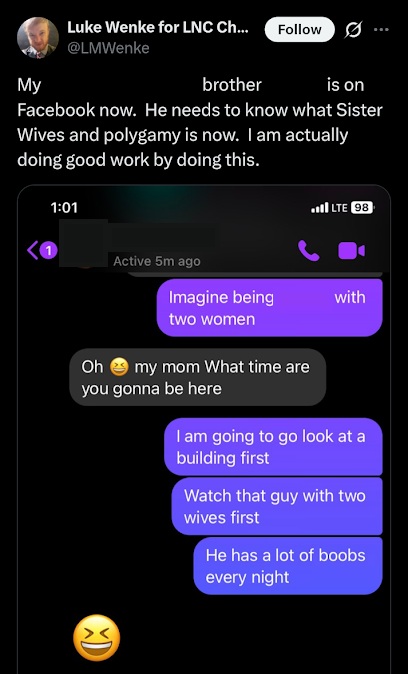 x/twitter screenshot luke wenke grooms his minor brother by talking about polygamy and breasts august 2023