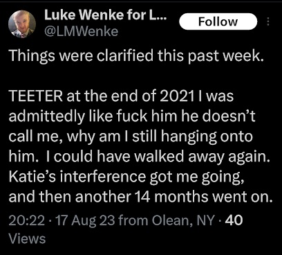 screenshot of luke wenke obsessing over stalking victims ryan teeter and katie on x/twitter august 2023