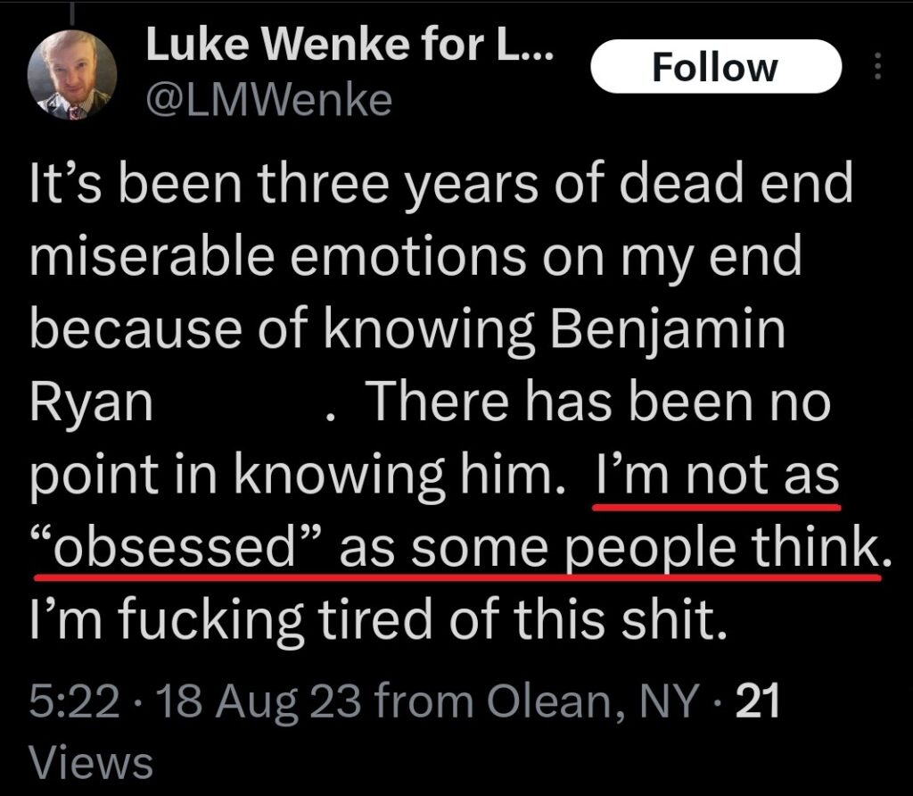 luke wenke x twitter screenshot ryan benjamin teeter obsession 2023