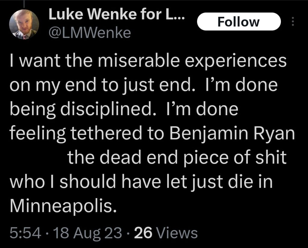 luke wenke x twitter screenshot ryan benjamin teeter obsession 2023