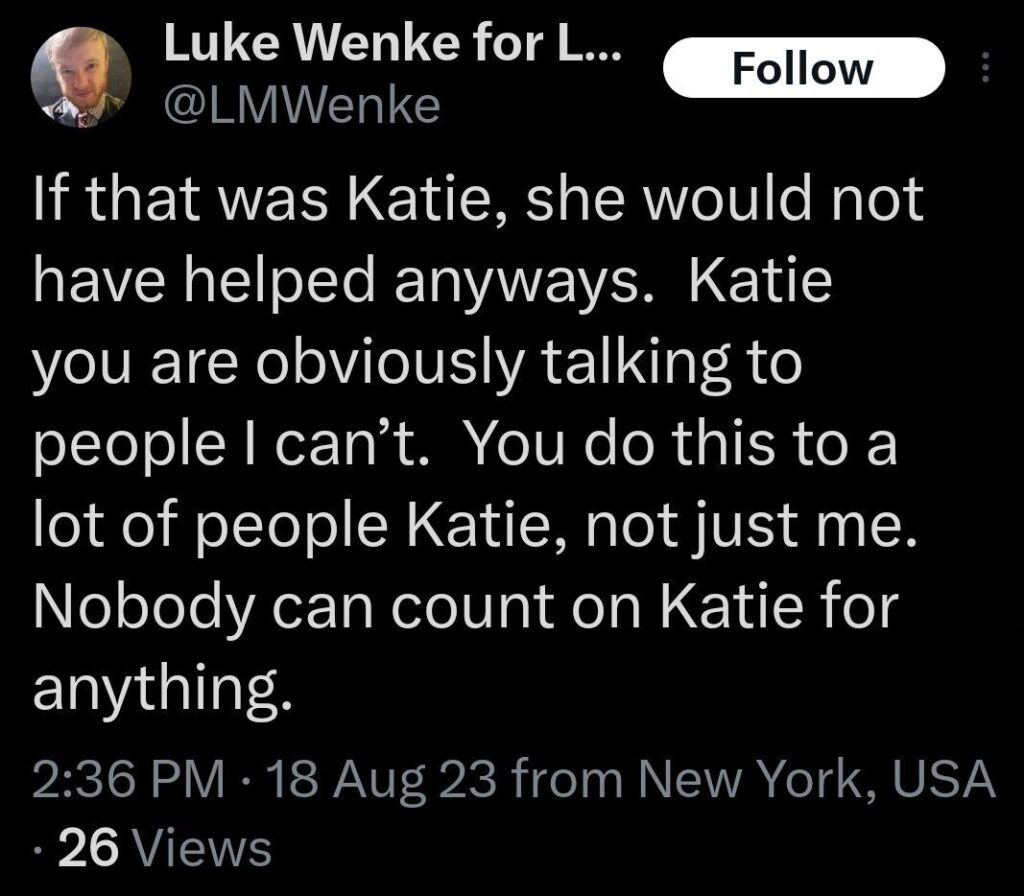 luke wenke katie obsession tweet twitter x screenshot 2023