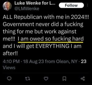 luke wenke x twitter screenshot demands self-pity owed