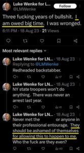 luke wenke x twitter screenshot tantrum demands owed 2023