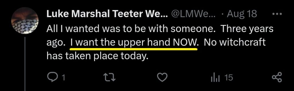 luke wenke x twitter screenshot demands self-pity owed