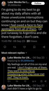 luke wenke x twitter screenshot demands owed 2023
