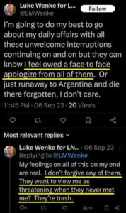luke wenke x twitter screenshot demands owed 2023