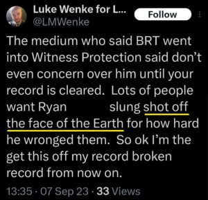 luke wenke x twitter screenshot benjamin ryan teeter obsession death threat 2023