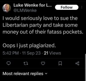 luke wenke x twitter screenshot threats to sue libertarian party 2023