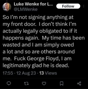 luke wenke racist tweet george floyd screenshot