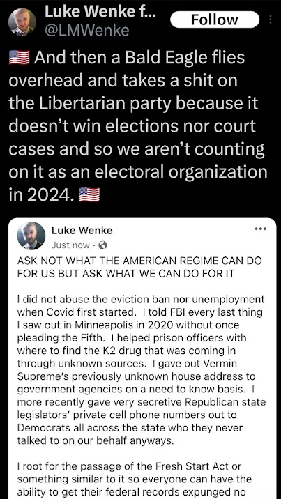 luke wenke x/twitter screenshot bashing the libertarian party september 2023