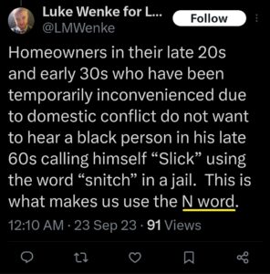luke wenke x twitter screenshot racist tweet n word 2023