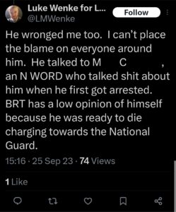 luke wenke racist tweet ryan obsession n-word twitter x screenshot