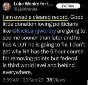 luke wenke x twitter screenshot owed demands nick langworthy 2023