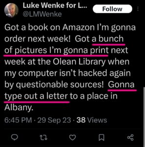 luke wenke x twitter screenshot letter writing obsession 2023
