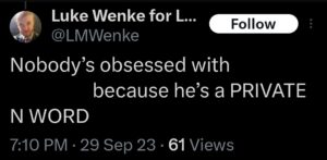 luke wenke x twitter screenshot racist tweet n word 2023