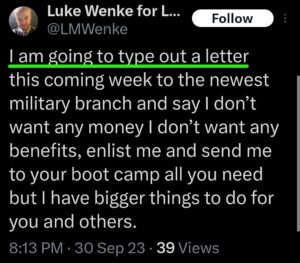 luke wenke x twitter screenshot letter writing obsession 2023