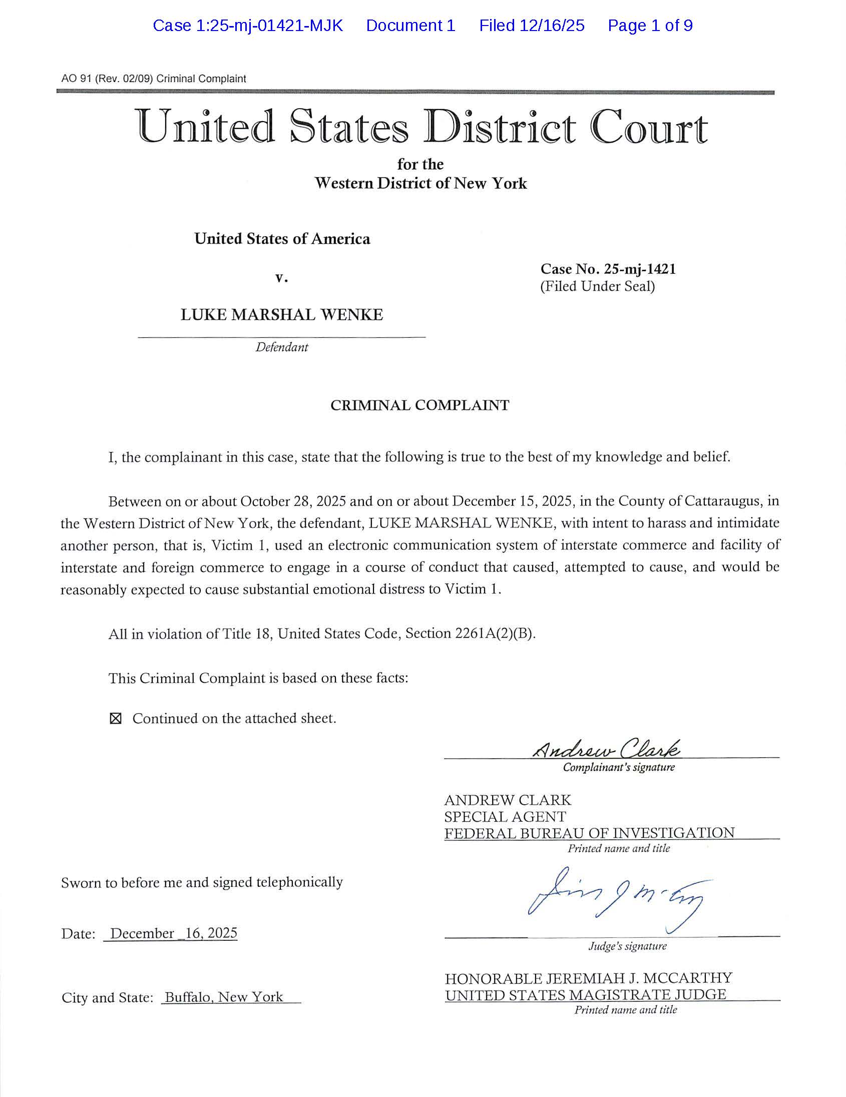 the us federal government's new cyberstalking complaint against luke wenke - 12/16/2025 - 1:25-mj-01421