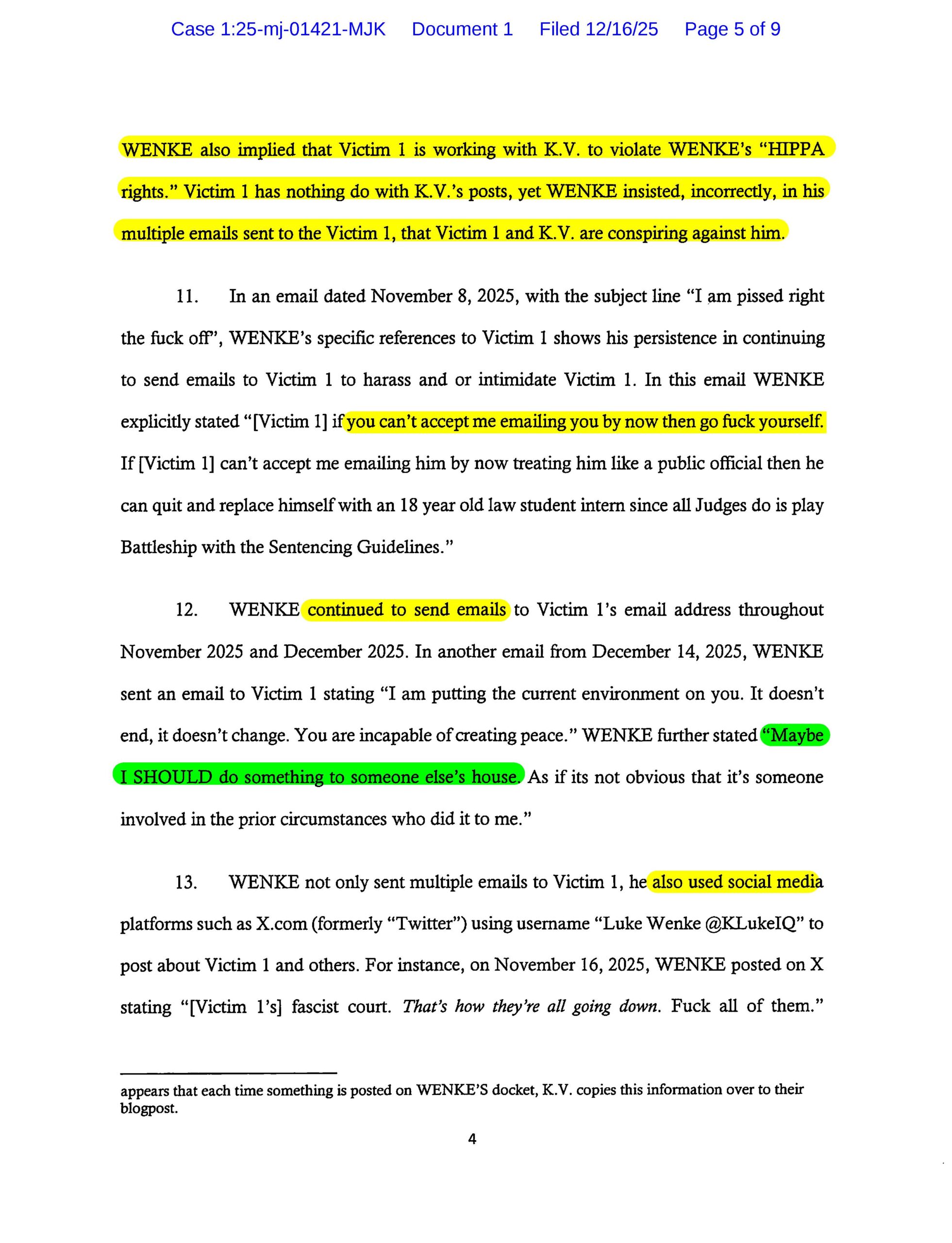 the us federal government's new cyberstalking complaint against luke wenke - 12/16/2025 - 1:25-mj-01421