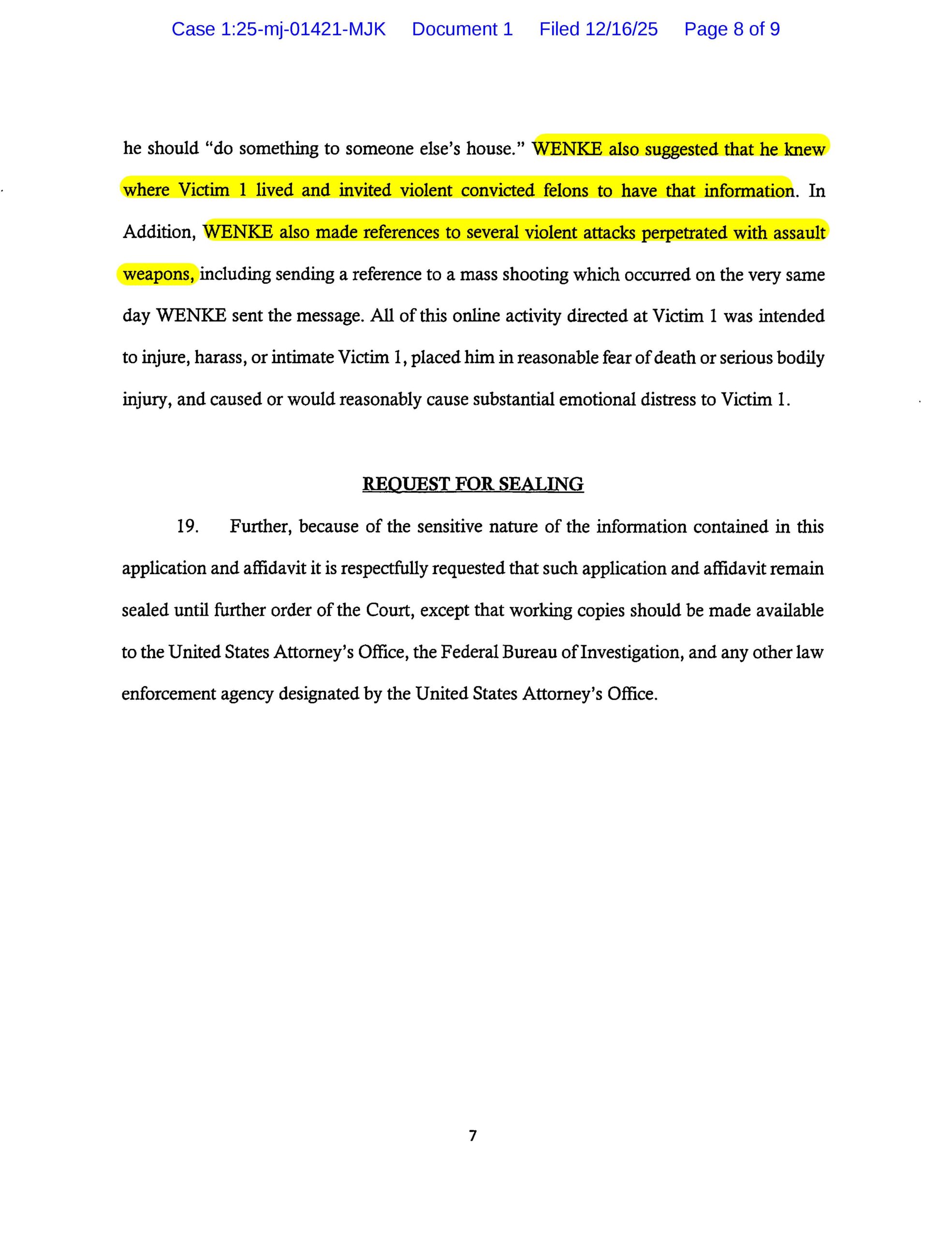 the us federal government's new cyberstalking complaint against luke wenke - 12/16/2025 - 1:25-mj-01421