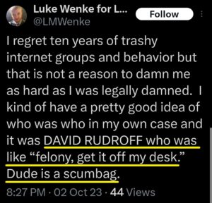luke wenke x twitter screenshot us attorney david rudroff obsession 2023