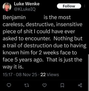 luke wenke x twitter screenshot ryan benjamin teeter obsession 2025