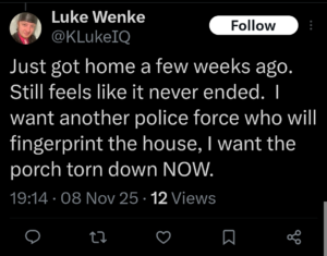 luke wenke x twitter screenshot demands self-pity owed