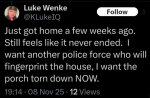screenshot of a november 2025 x/twitter post by luke wenke demanding home repairs 