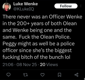 luke wenke twitter x screenshot antipolice 2025 olean cattaraugus county