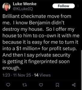 luke wenke x twitter screenshot ryan benjamin teeter obsession 2025