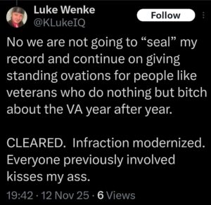 luke wenke x twitter screenshot antimilitary antiveteran antiamerican 2025